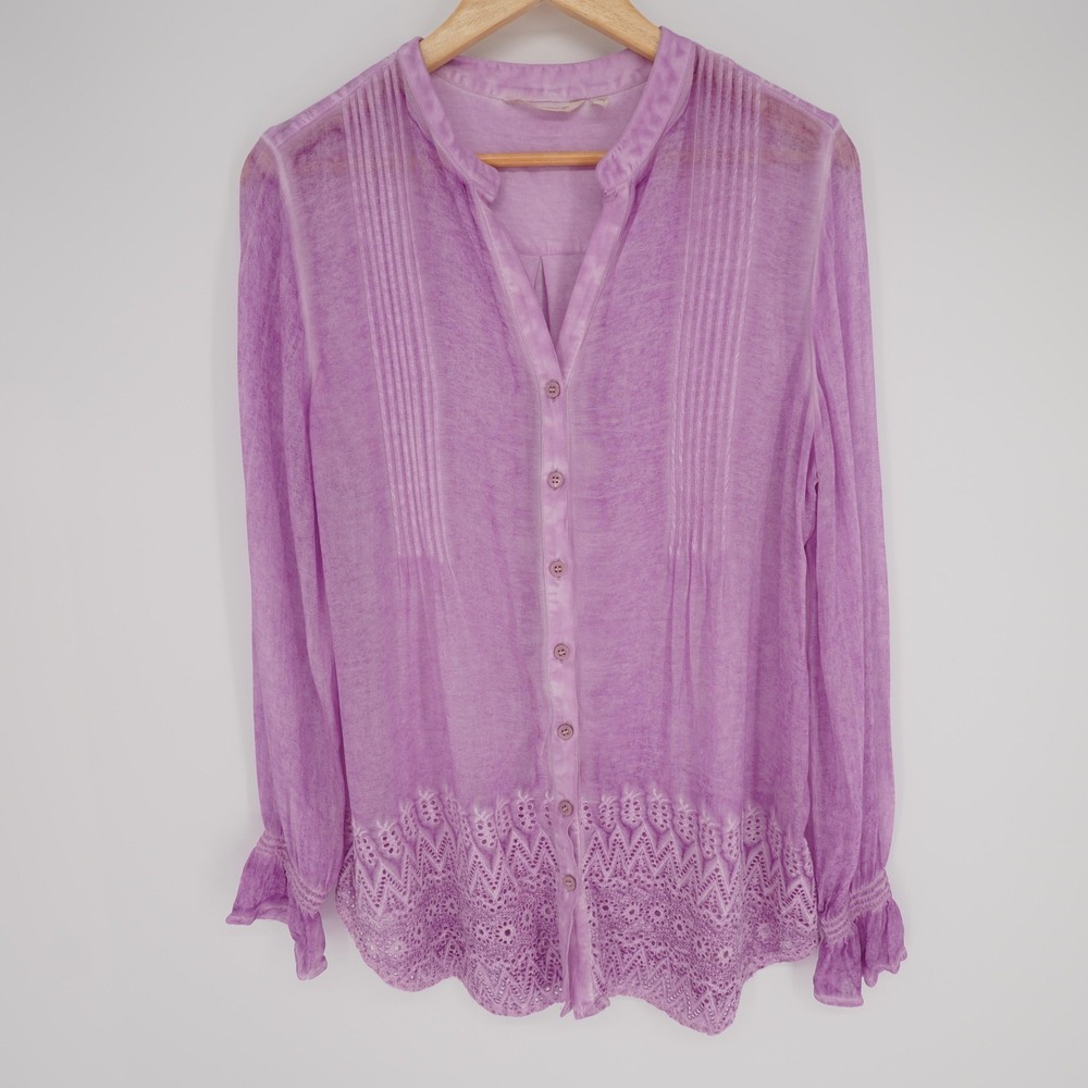 Soft Surroundings Tunic Top Womens M Purple Button Up V Neck Eyelet Embroidered